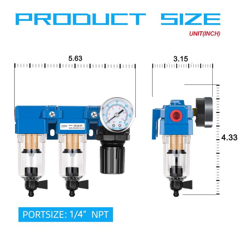 NANPU 1/4" NPT Air Drying System - Double Air Filters, Air Pressure Regulator Combo - Manual Drain, Poly Bowl - DFR-02M - Image 4